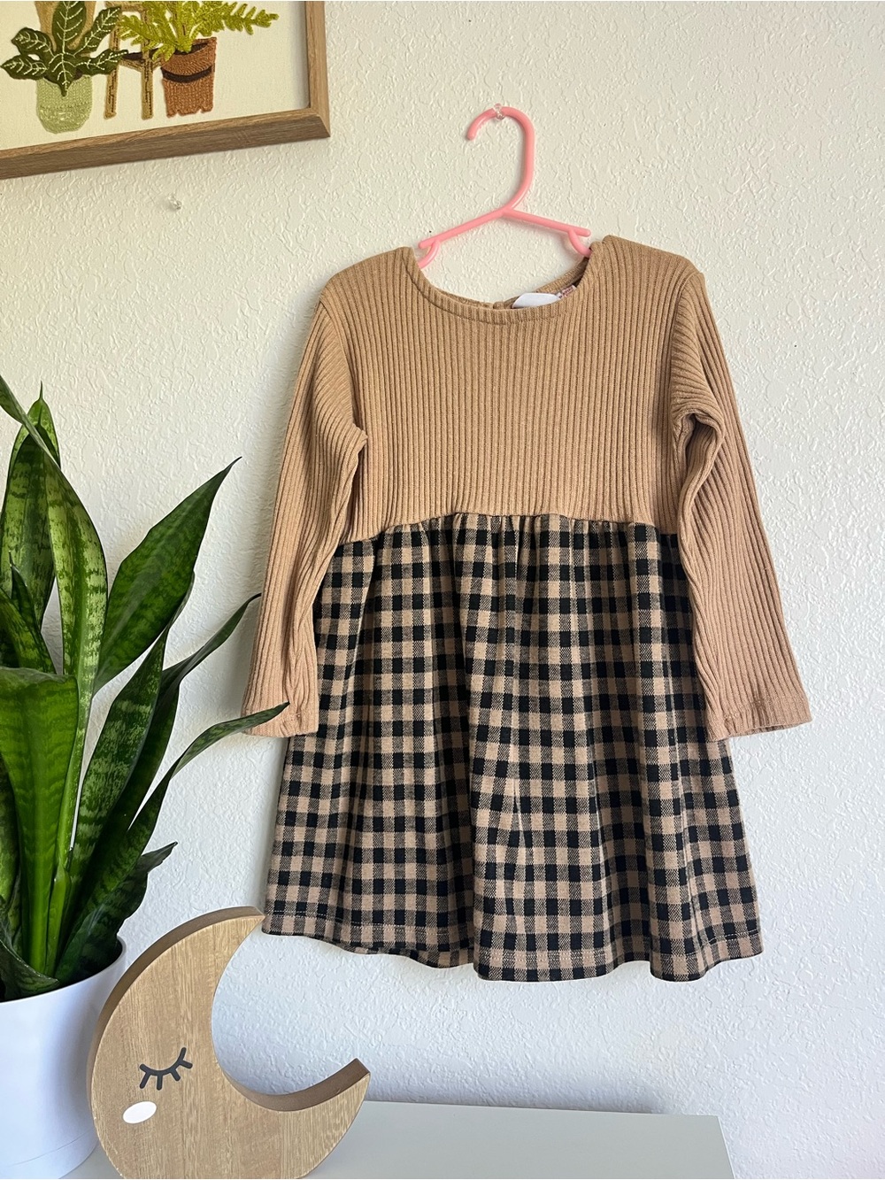 Zara Beige Ribbed Bodice Plaid Skirt Dress